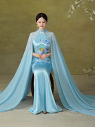 Chloe Floral Embroidery floor length Qipao Gown with Shoulder Cape-Train