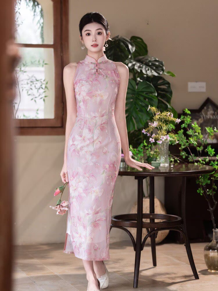 Serena’s Pink Floral Halter Mesh Long Cheongsam