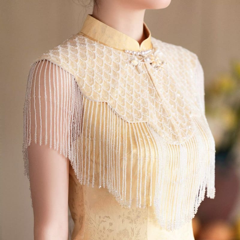 Carolina Yellow Tassel Shawl Midi Qipao Set