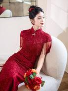 Leah Lace Long Cheongsam with Tassel Shawl Set | Bespoke avalible