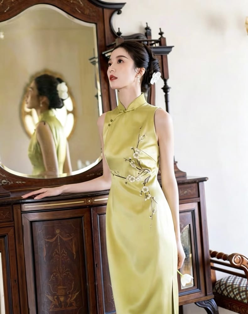 Vivian’s Chartreuse Plum Blossom Acetate Satin Long Cheongsam