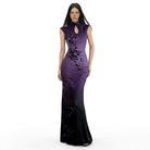 Violet’s Enchanted Iris Print floor length Cheongsam: The Midnight Bloom