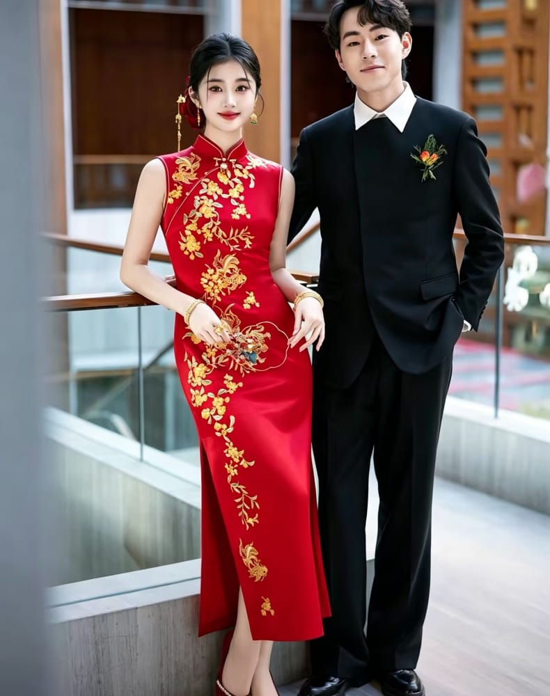 koi and floral embroidery Long Cheongsam: The Gilded Promise