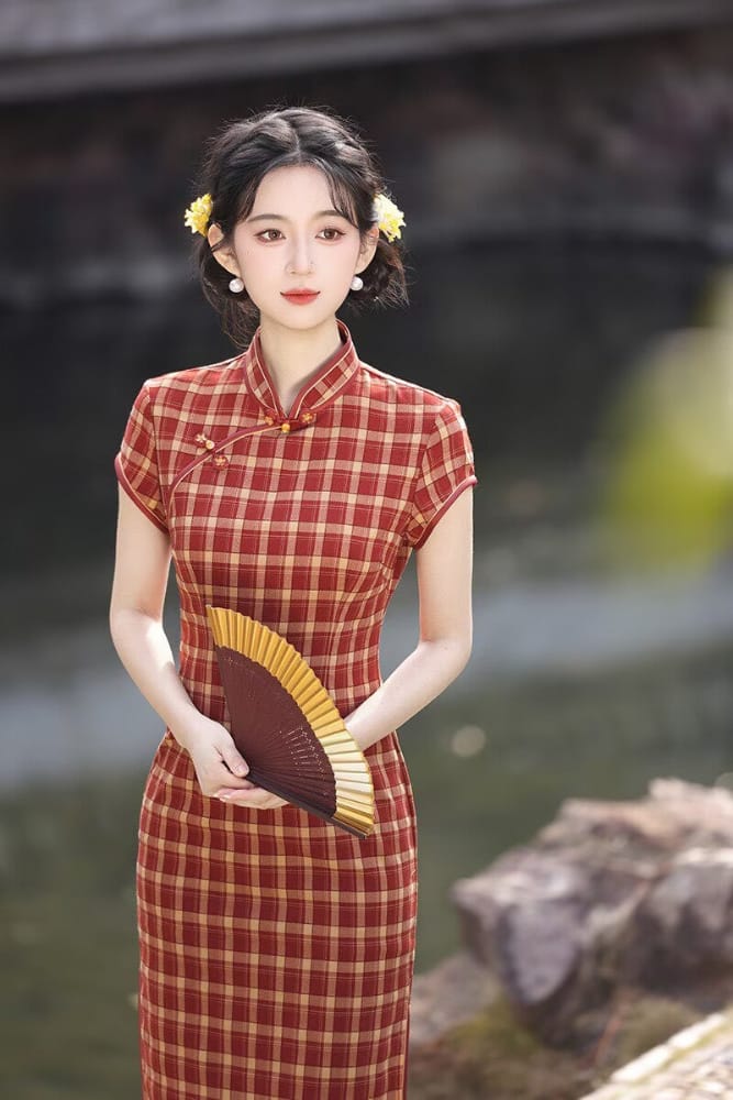 Kelly Plaid Pattern Cotton‑Linen Midi Cheongsam