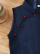 Anne minimalist Navy Blue Linen Blend Midi Cheongsam