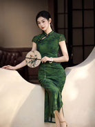 Green Floral‑Print Mesh Long Cheongsam