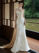 Bamboo-patterned jacquard satin fishtail bridal cheongsam