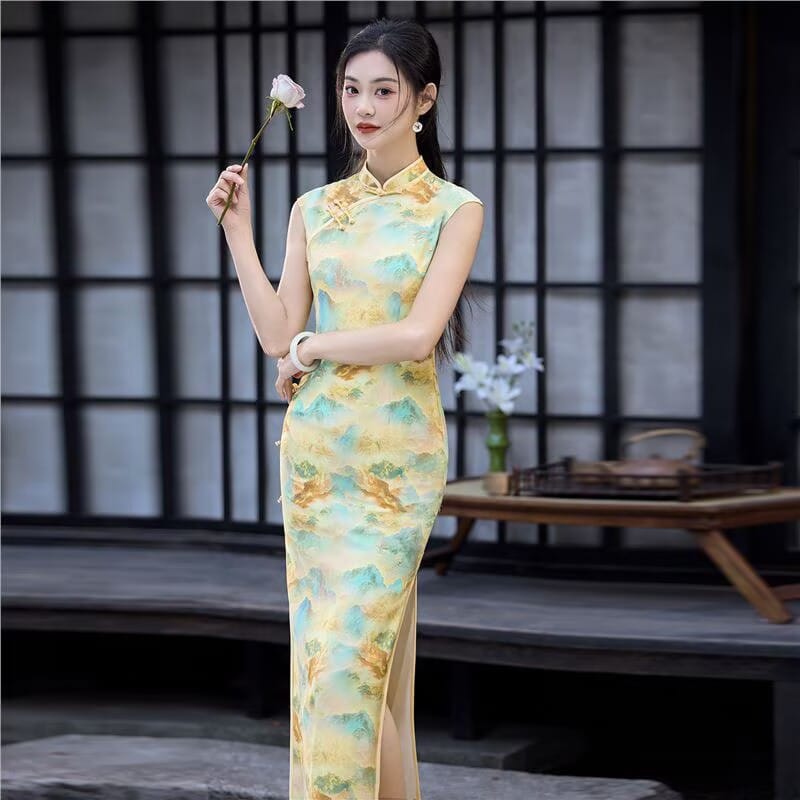 Glen Landscape Print Long Qipao Dress