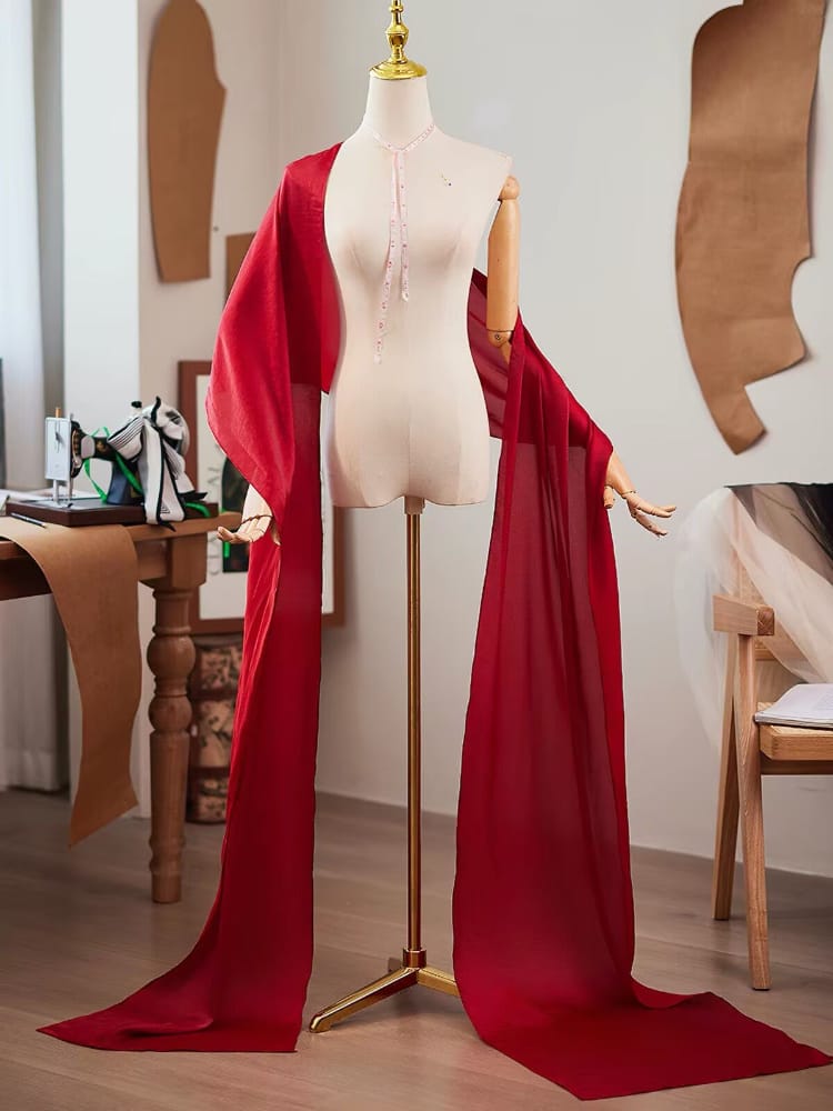 Ruby Red Sheer‑Tulle Floor Length Qipao Shawl
