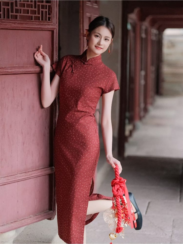 Elena Burgundy Polkadot Cotton Long Cheongsam