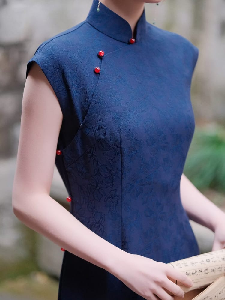 Julia Navy Blue Rayon Long Cheongsam