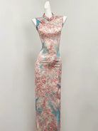 Lily Floral Satin Long Qipao with Lace Tassel Cloud Shoulder Shawl set