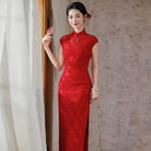 Chloe Beige&Red Wedding Midi Cheongsam with raglan sleeves