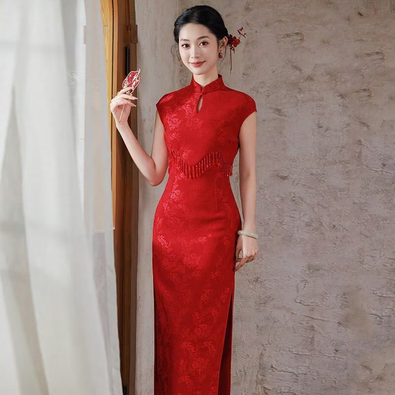 Chloe Beige&Red Wedding Midi Cheongsam with raglan sleeves