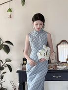 Mina Light Blue Plaid TR Cotton Midi Cheongsam