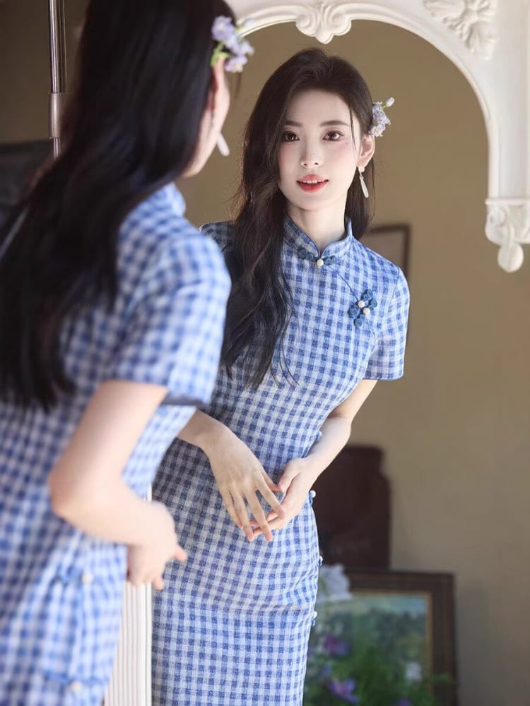 Amanda Vintage Blue Gingham Silk Linen Midi Qipao