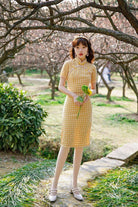 Liai Yellow Gingham Cotton Midi Cheongsam