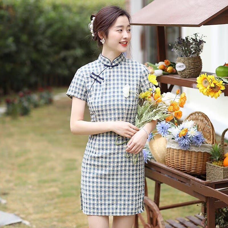 Amy Vintage Plaid Cotton Blend Short Qipao Dress