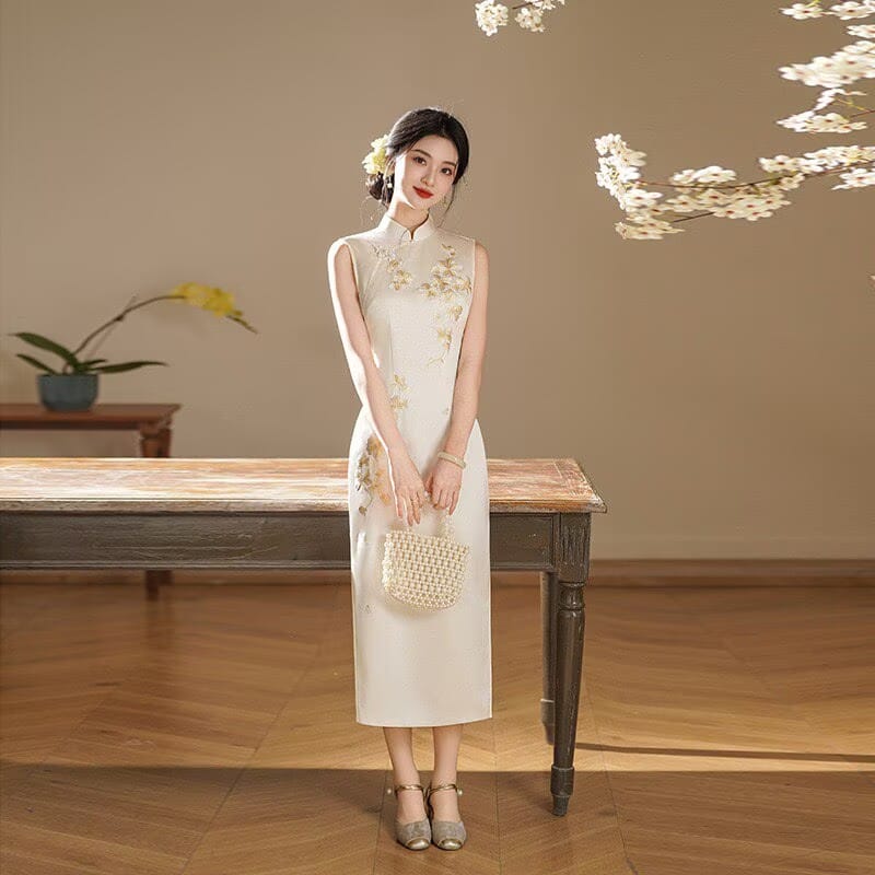 Sarah Floral Embroidery Acetate Satin Long Cheongsam