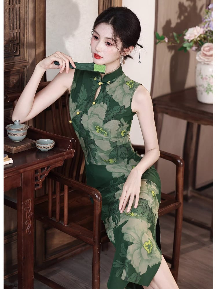Leah Peony Long Cheongsam | Vintage Sleeveless Qipao