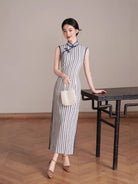 Chloe Sleeveless Vertical‑Striped Cotton Midi Cheongsam