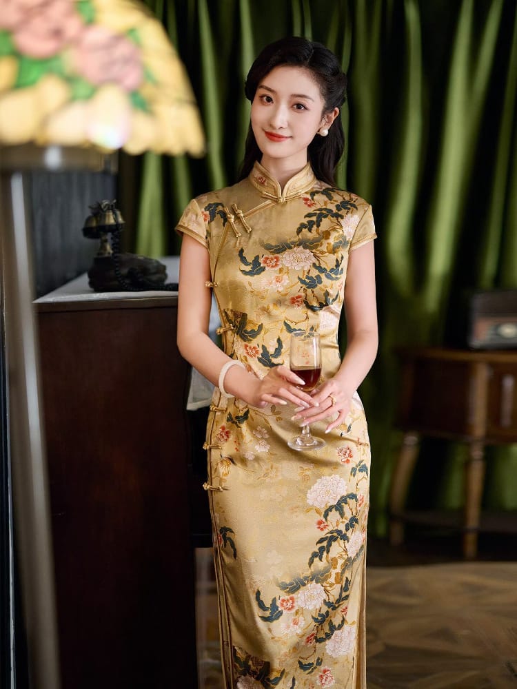 Golden Peony 19 mome mulberry silk long Cheongsam
