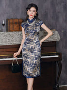 Blake Blue Bamboo Geometric Pattern, High end, 19 Mome Mulberry Silk Midi Qipao Dress