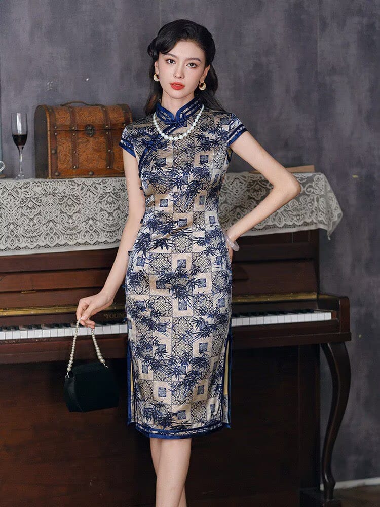 Blake Blue Bamboo Geometric Pattern, High end, 19 Mome Mulberry Silk Midi Qipao Dress