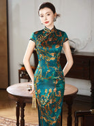Teal Plum-Blossom 19 Momme Mulberry Silk Long Cheongsam – Luxury Modern Qipao Gown