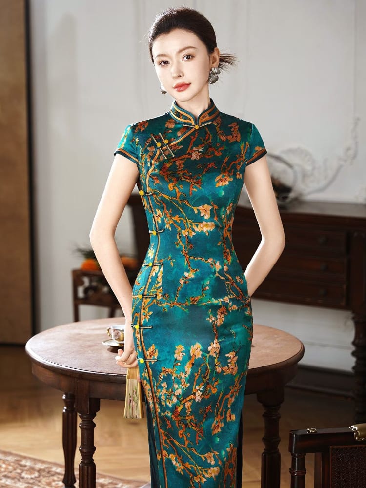 Teal Plum-Blossom 19 Momme Mulberry Silk Long Cheongsam – Luxury Modern Qipao Gown