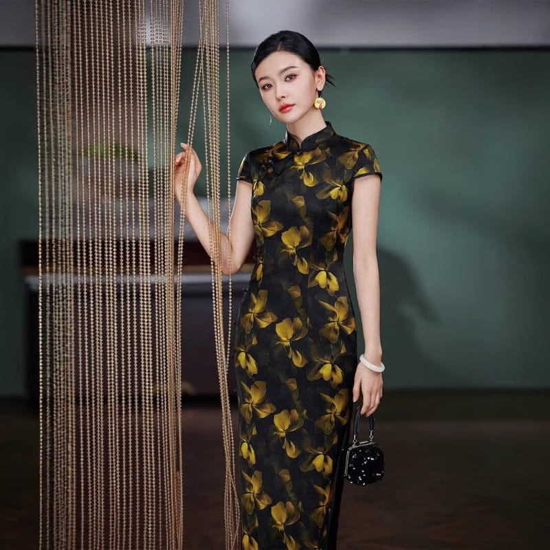 Floral Print 19 Momme Mulberry Silk long Cheongsam – Luxury Qipao