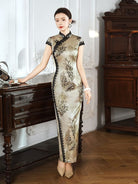 Premium 19 Momme Mulberry Silk Leaf-Print Long Cheongsam – Luxury Qipao Gown