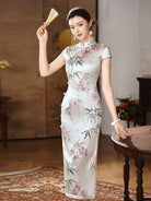 Bamboo Floral Print 19 Momme Mulberry Silk Midi Cheongsam – Luxury New Chinese Style Qipao