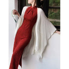 Zoe Jacquard Halter Red Midi Qipao with Knit Fringe Shawl Set
