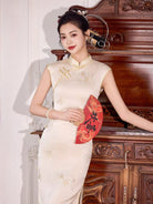 Grace Beige Floral Embroidery Acetate Long Cheongsam
