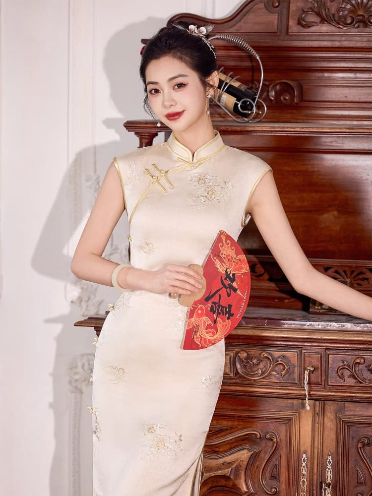 Grace Beige Floral Embroidery Acetate Long Cheongsam