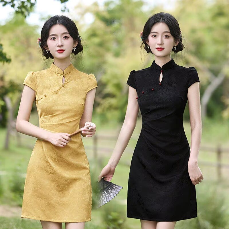 Hazel Solid Tone Jacquard Mini Qipao Dress