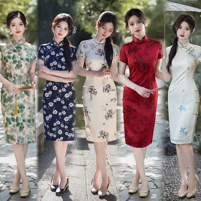 Mia Multi-Print Satin Midi Qipao Dress