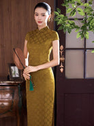 Clara Vintage Geometric Jacquard Satin Long Qipao Dress
