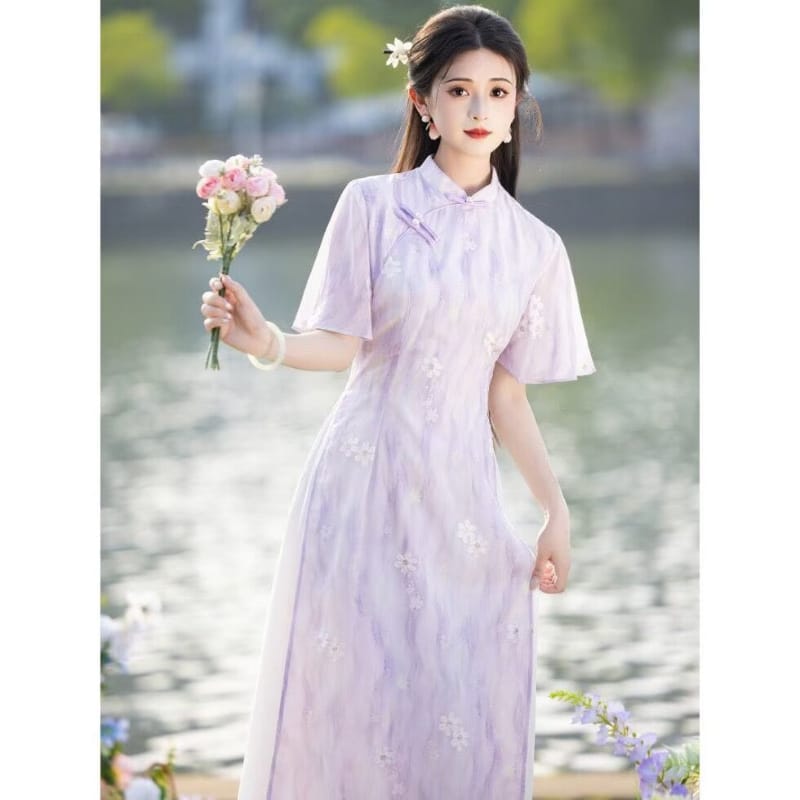 Angie Watercolor Daisy Print Midi Ao Dai｜A-line cheongsam
