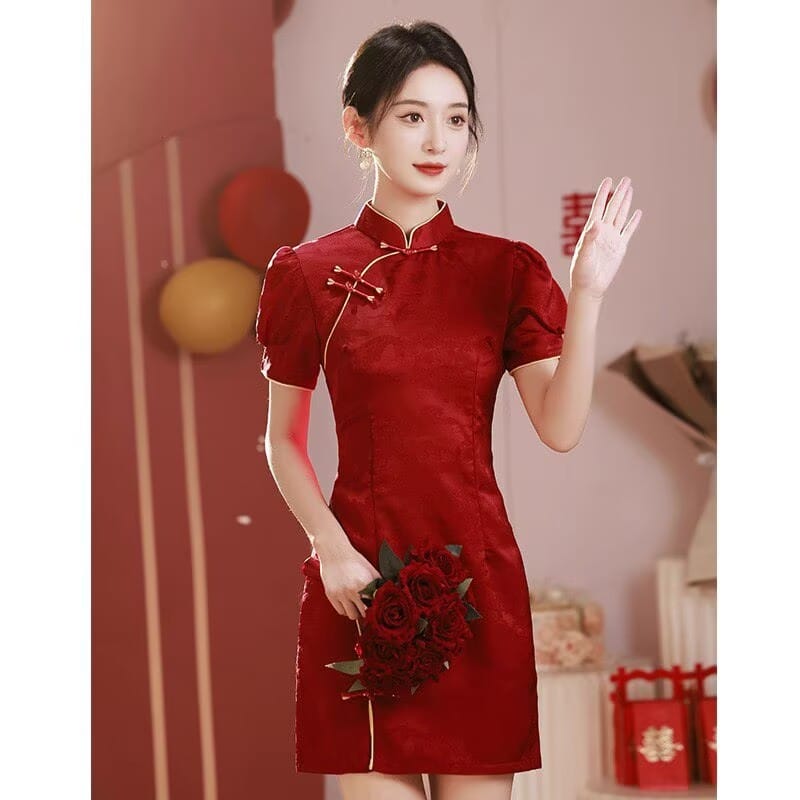 Stella Red Jacquard satin Mini Qipao Dress