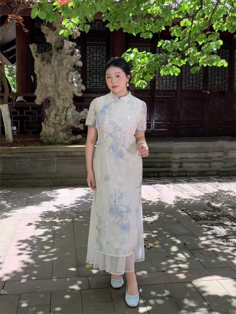 Plus Size Light Blue Floral Print Long Cheongsam