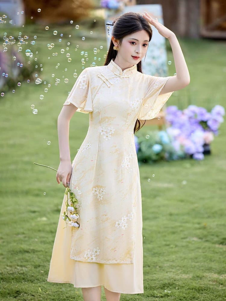 Chloe Yellow Floral Mid-Length Ao Dai I A-line Cheongsam