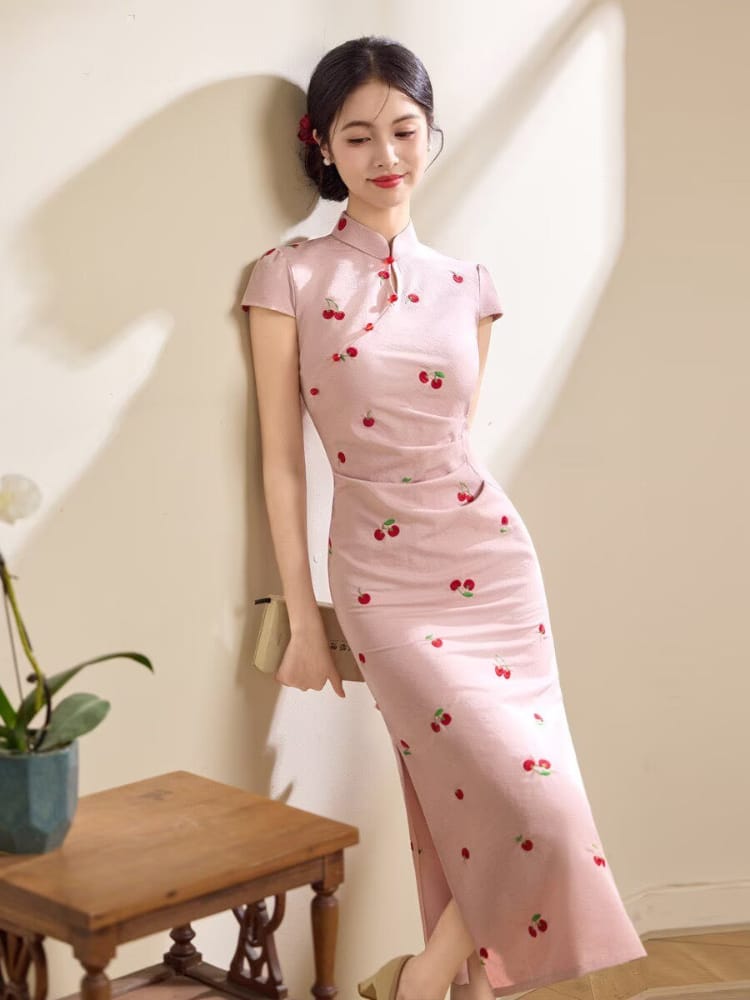 Hazel Pink Cherry Embroidery Mid-Length Cheongsam Dress