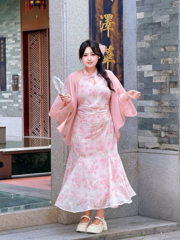 Lily Plus Size Floral Chiffon Midi Cheongsam Set
