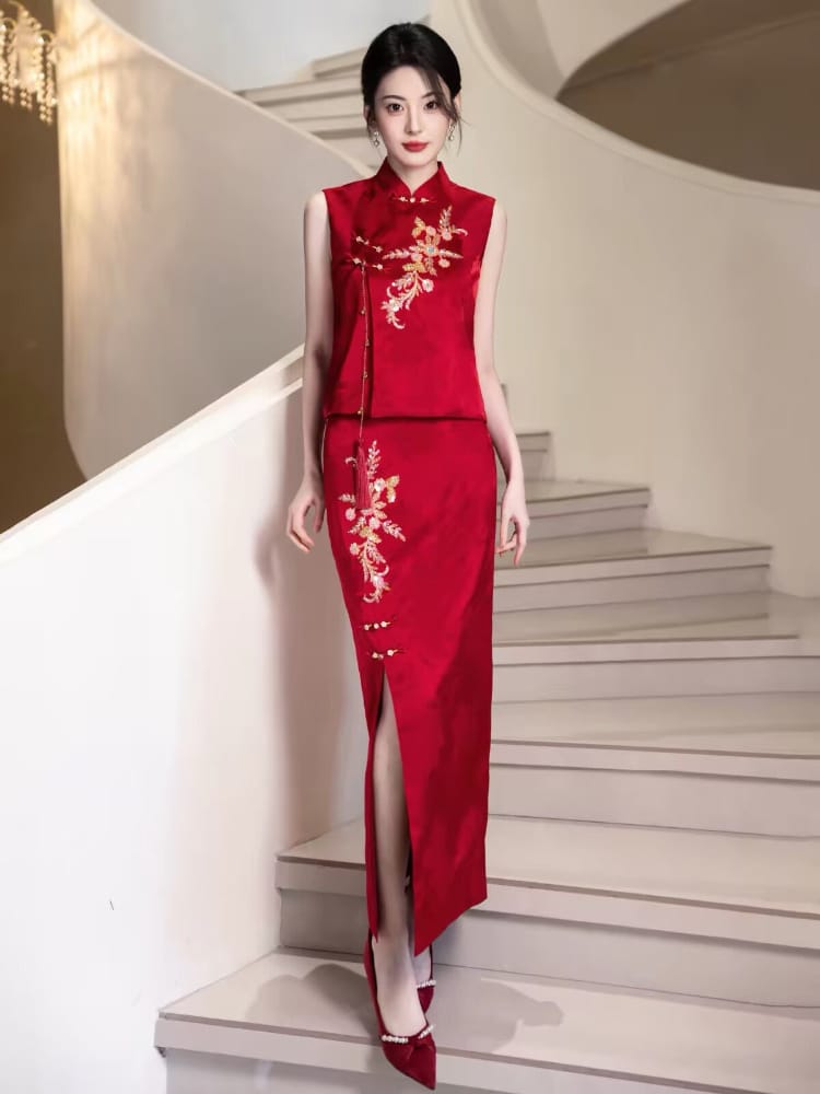 May Floral Embroidery Two Piece Cheongsam Set