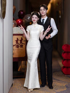 Mia White Jacquard Satin Mermaid Long Cheongsam
