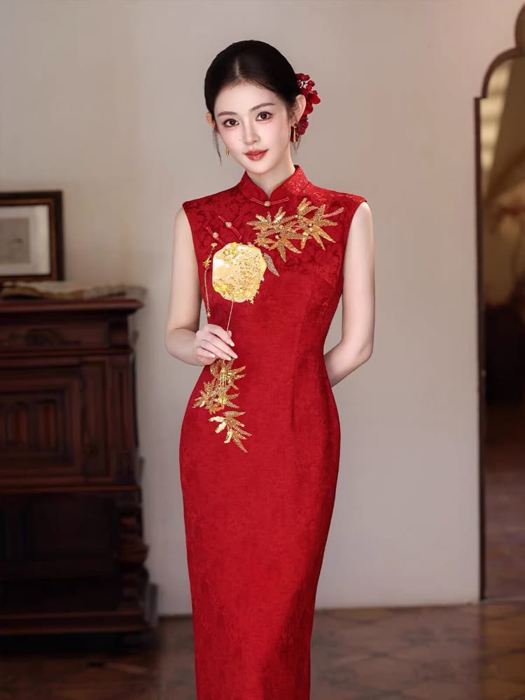 Ivy Golden Bamboo Embroidery long Cheongsam