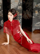 Premium Floral Embroidery long Cheongsam with Fringe Lace Cape Set
