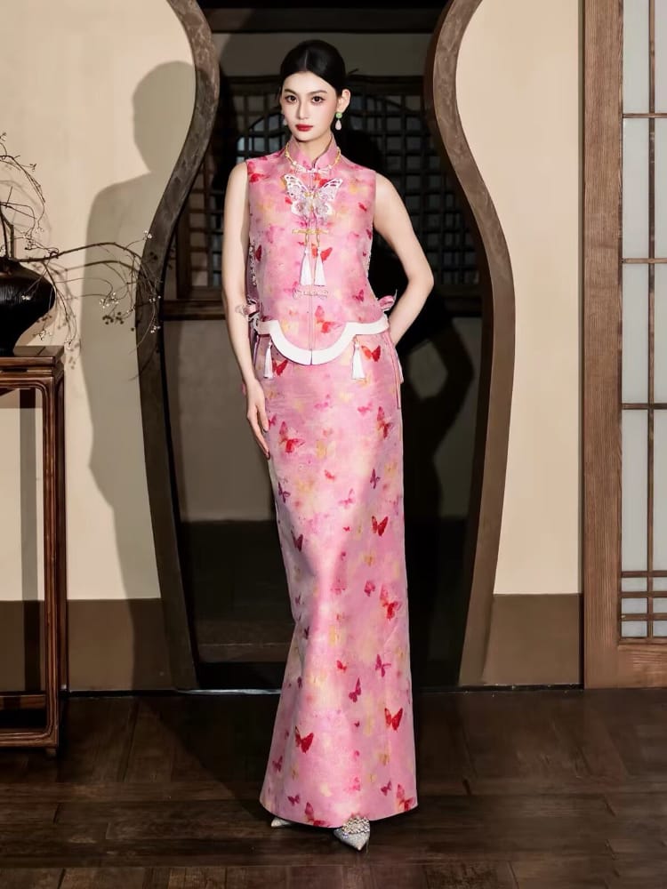 Bespoke Butterfly Print Satin Cheongsam Set